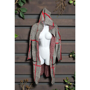 Joseph A. Long Hooded Sweater Sz M Plaid Red Black Open Pockets Thick Warm